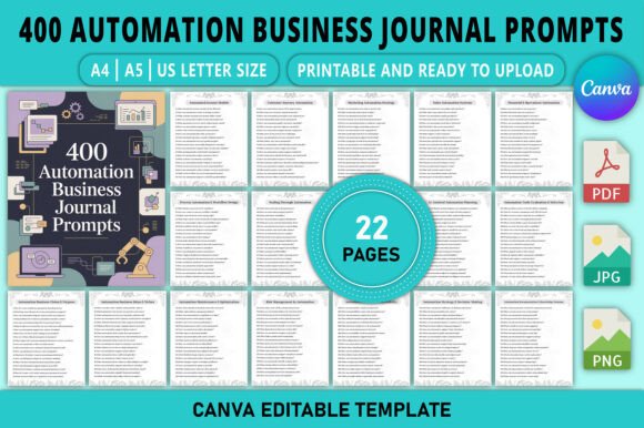 400 Automation Business Journal Prompts – Fully Editable Canva Template Ready to Launch or Scale an Automated Business